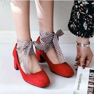 Chunky-heel Pumps With Plaid Strap