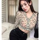 Long-sleeve V-neck Frilled Print Cropped Blouse