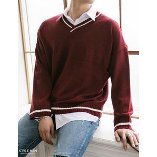 Striped V-neck Preppy-look Sweater