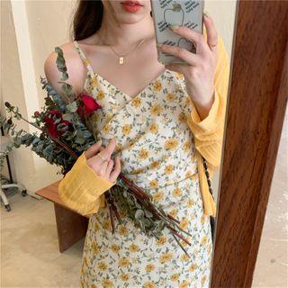 Floral Print Slim-fit Sleeveless Dress / Plain Light Cardigan