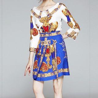 Set: Printed 3/4-sleeve Blouse + A-line Skirt
