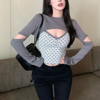 Set: Knit Shrug + Camisole Top Set Of 2 - Shrug & Camisole Top - Gray & White - One Size
