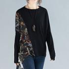 Long-sleeve Pattern Panel Top Black - One Size