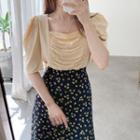 Ruched Puff-sleeve Blouse / Floral Print Maxi A-line Skirt