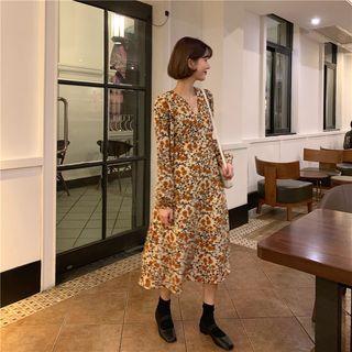 Chiffonfloral Long-sleeved Dress As Shown In Figure - One Size
