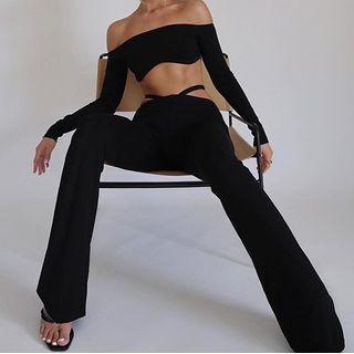 Set: Long-sleeve Off-shoulder Crop Top + Wide-leg Pants