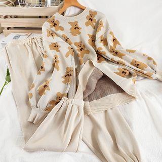 Set: Bear Print Sweater + Jogger Pants Sweater - Almond - One Size / Pants - Almond - One Size