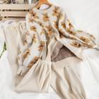 Set: Bear Print Sweater + Jogger Pants Sweater - Almond - One Size / Pants - Almond - One Size