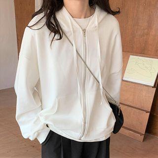 Loose-fit Long-sleeve Zip Up Plain Hoodie