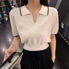 Short-sleeve V-neck Knit Cropped Top White - One Size