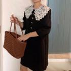 Lace Collared 3/4-sleeve Dress Black - One Size