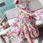 Elbow-sleeve Floral Maxi Sun Dress