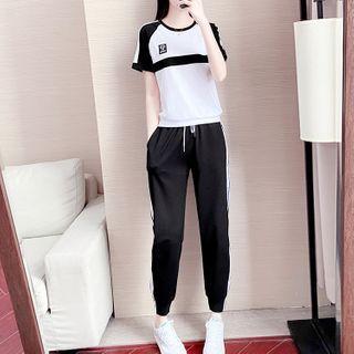 Short-sleeve Two-tone T-shirt / Contrast Trim Sweatpants / Set