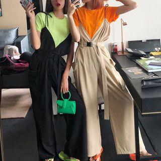 Sleeveless Plain High-waist Loose-fit Strappy Jumper Pants