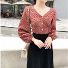 V-neck Dotted Blouse With Hairband / High Waist Midi A-line Skirt