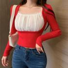 Long-sleeve Mesh Panel Square-neck Knit Top