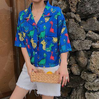 Elbow-sleeve Cartoon Dinosaur Print Shirt As Shown In Figure - One Size