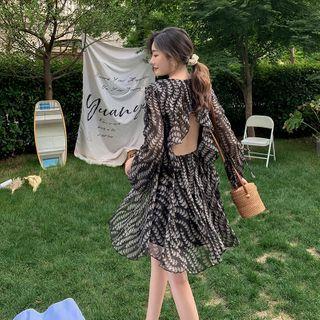 Long-sleeve Print Open-back A-line Chiffon Dress