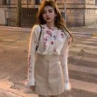 Floral Print Ruffled Sweater / A-line Skirt