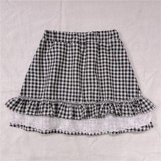 Bear Eyelet Lace Frill Trim Check Mini A-line Skirt