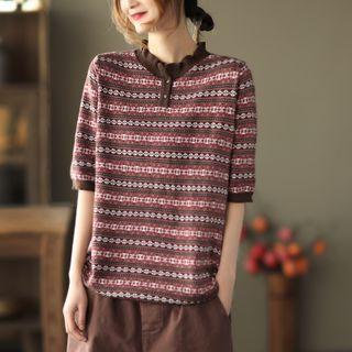 Short-sleeve Print Mock-neck Knit Top
