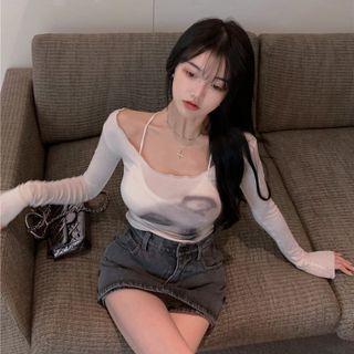 Long-sleeve Print Slim-fit Cropped Top White - One Size