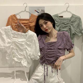Puff-sleeve Square-neck Drawstring Plain Blouse