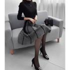 Mock-neck Tie-waist Pattern-hem Knit Dress Black - One Size
