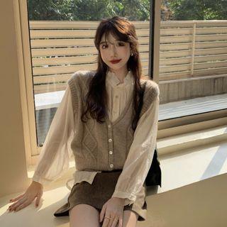 Long-sleeve Frill Trim Blouse / Button-up Sweater Vest