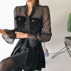 Sheer-yoke Blouse & Mini Pleat Skirt Corduroy Set