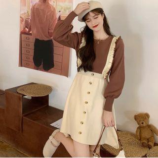 Long-sleeve Two-tone Mock Two-piece Knit Dress