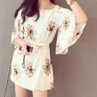 Elbow-sleeve Floral Print Mini A-line Dress