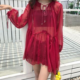 Set: Plain Chiffon Long Sleeve Dress + Slipdress