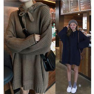 Hooded Ribbed Tie-neck Sweater Dress