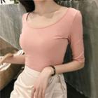 Plain Elbow-sleeve T-shirt T-shirt - Mauve Pink - One Size