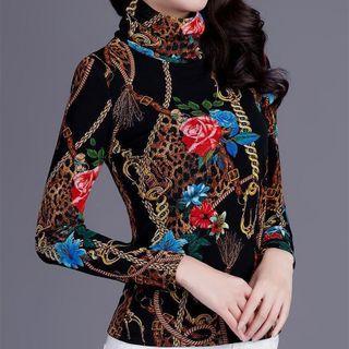 Long-sleeve Flower Print Turtleneck T-shirt