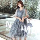 Elbow-sleeve Fringed Midi Prom Dress