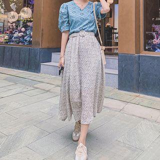 Puff-sleeve Floral Print Panel Maxi A-line Dress