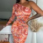 Long-sleeve One-shoulder Tie-dyed Midi Sheath Dress
