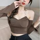 Long-sleeve Off-shoulder Chain Strap Crop Top Coffee - One Size