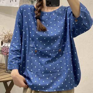 Long-sleeve Dotted Blouse Blue - One Size