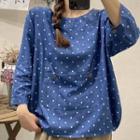 Long-sleeve Dotted Blouse Blue - One Size