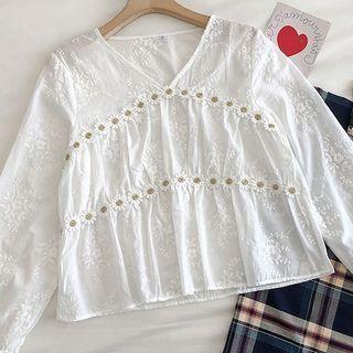 Plain Embroidered V-neck Long-sleeve Top