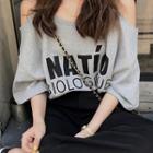 Lettering Cold-shoulder Twist-back T-shirt