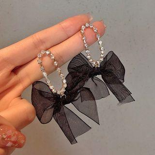 Rhinestone Chiffon Bow Dangle Earring 1 Pair - Bow - Black - One Size