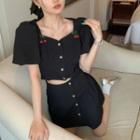 Embroider Cropped Blouse / High-waist Plain Mini Skirt