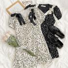 Puff-sleeve V-neck Floral Printed Mini Dress