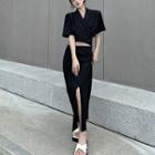 Set: Elbow-sleeve Cropped Blazer + Slit Maxi Pencil Skirt Black - One Size