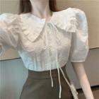 Floral Embroidered Short-sleeve Blouse / Mesh Panel Mini A-line Skirt