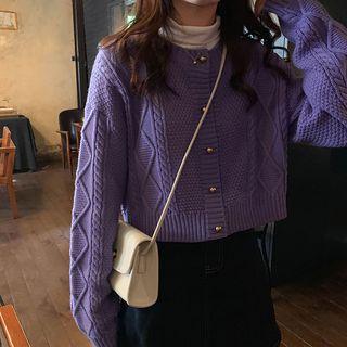 Long-sleeve Plain Argyle Pattern Cropped Cardigan